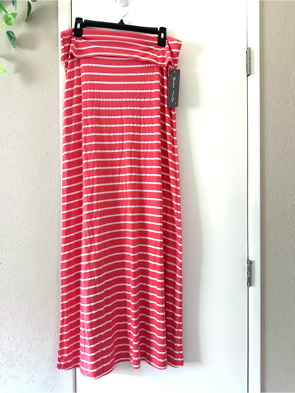 Y2K Maxi Skirt -Sz XL-by Brat Star-Coral and White Striped Pull On Fold Over